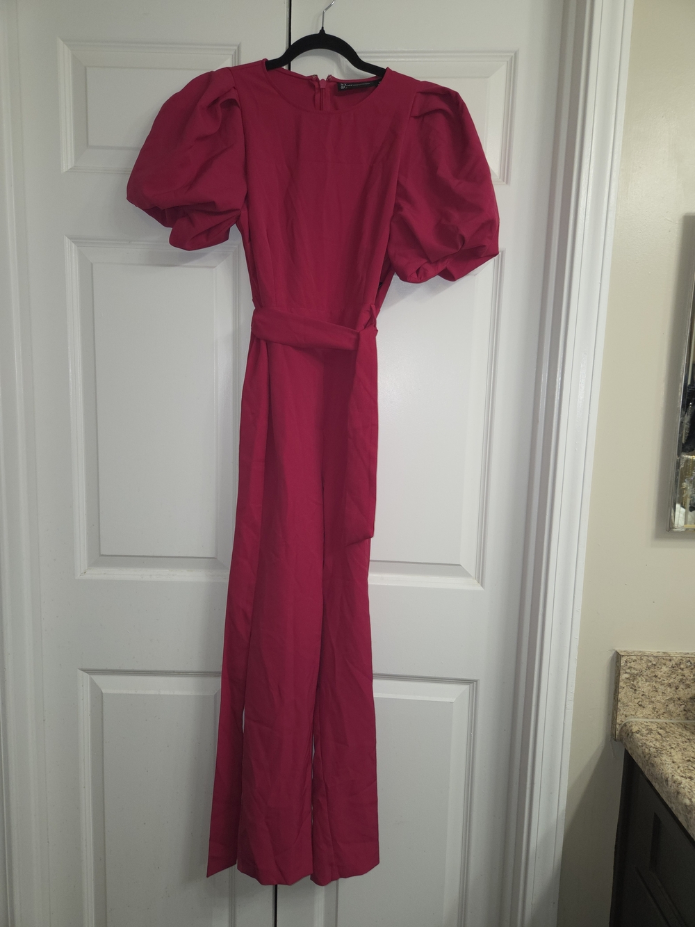 New York & Company Hot Pink Puff Sleeve Belted Jumpsuit